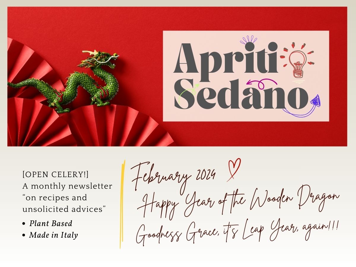 Apriti Sedano! Open Celery! February 2024 Newsletter cover - Leap Year of the Dragon