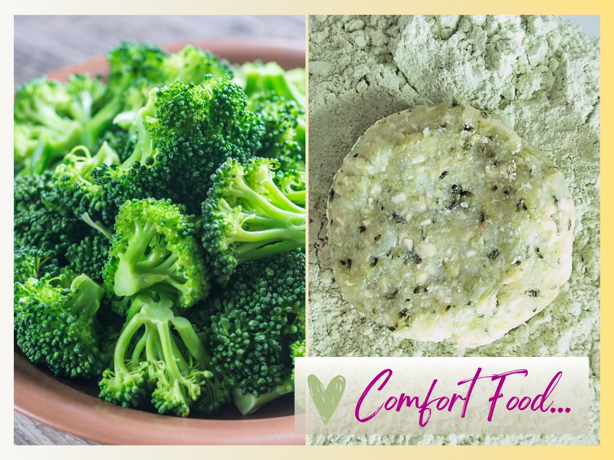 Comfort Food: Vegan Polpette, Broccoli, Potato, Lupine [cover] collage of raw broccoli e a vegan polpetta