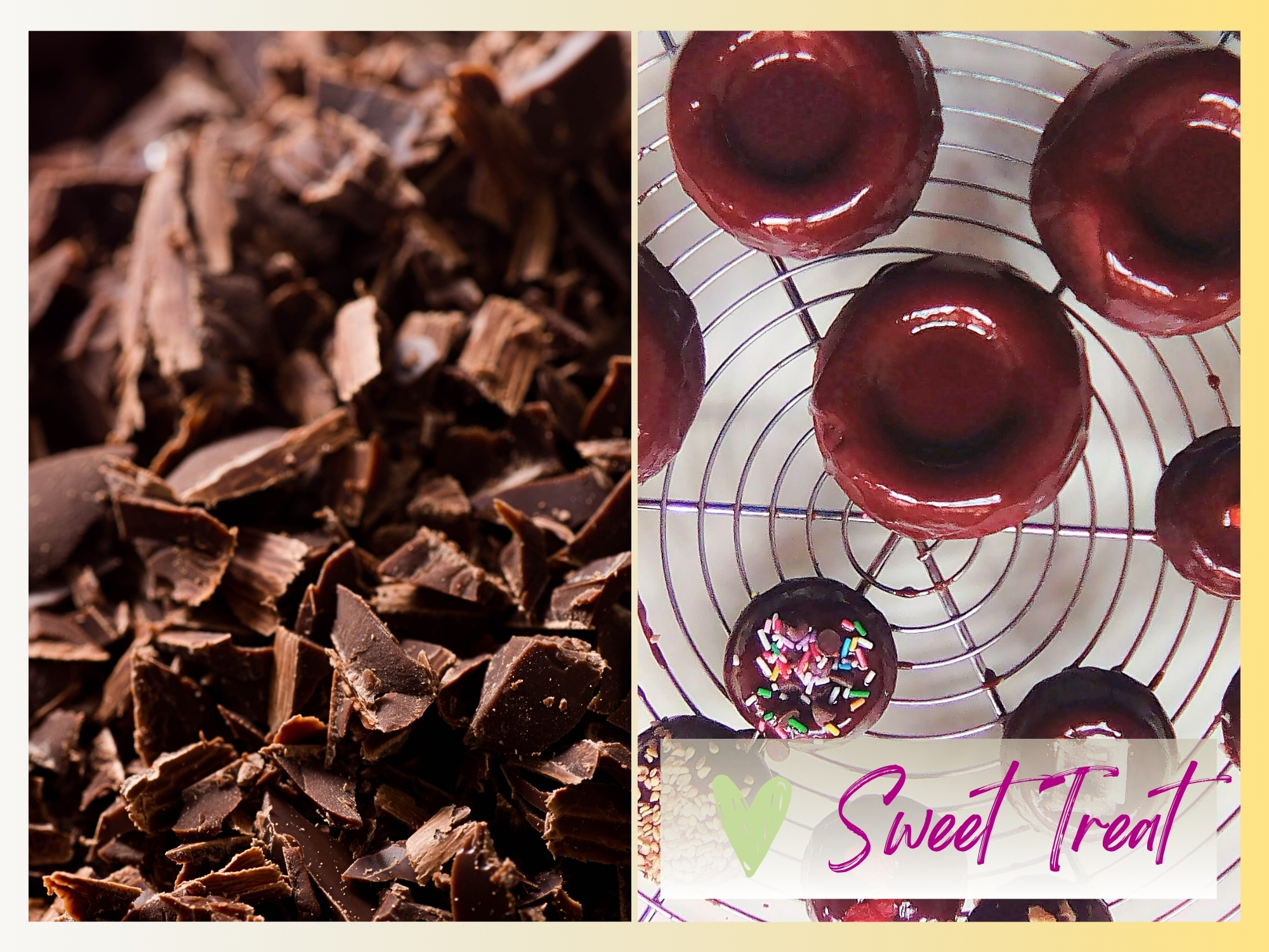 Sweet Treat - Plant-Based Chocolate Glaze [recipe cover] Collage with chopped dark chocolate and glazed mini cakes