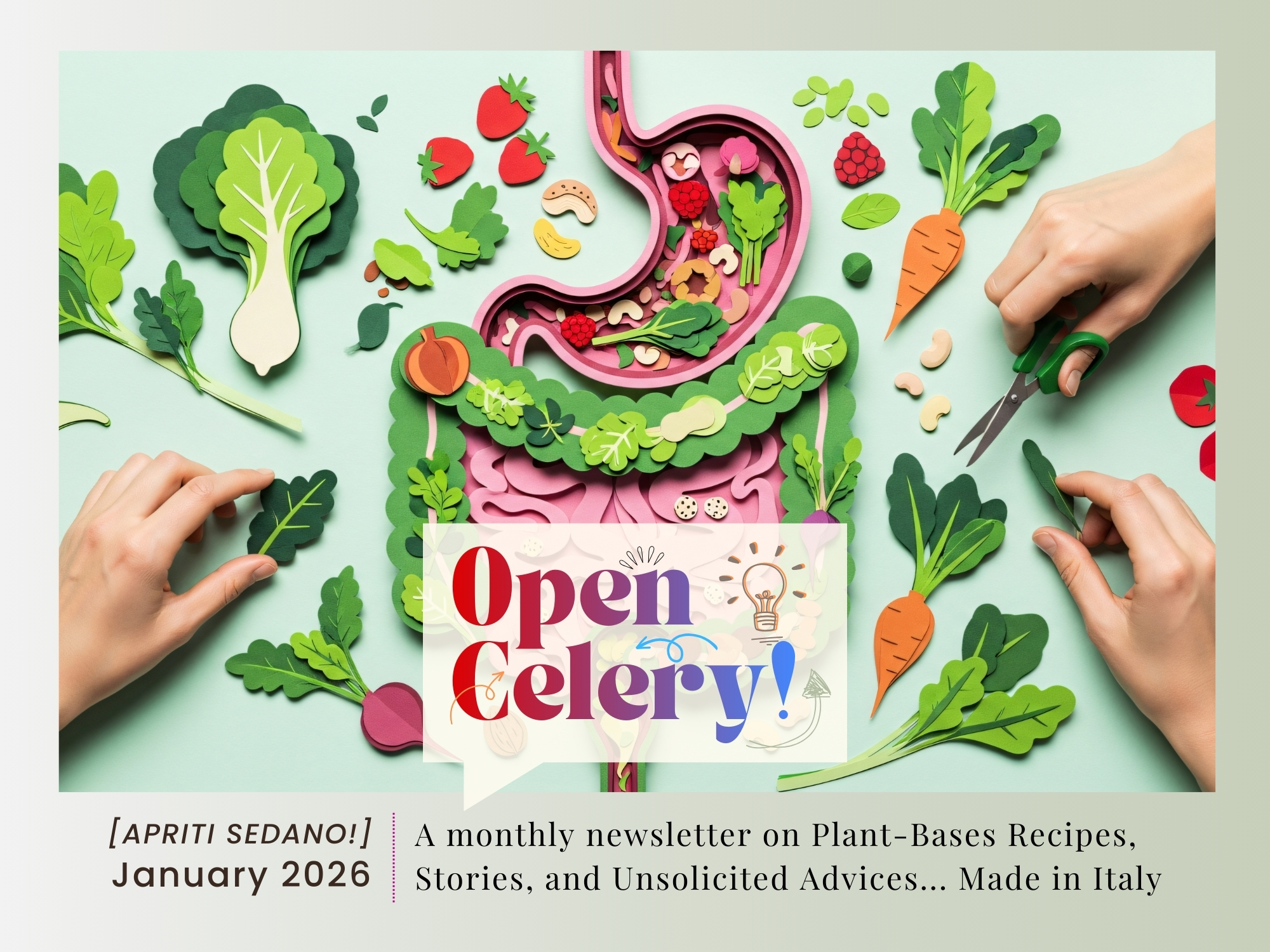 A collage of plant-based ingredients for a healthy gut | Kickstart January-Veganuary the Italian Way… Open Celery! [cover]